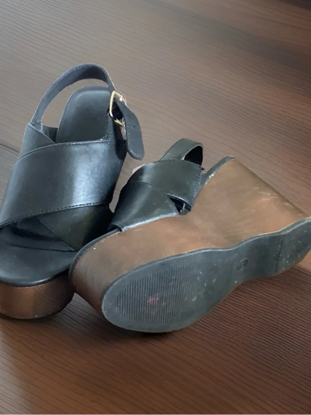 Black Platform Wedge Sandals with Brown Wedge - Women's